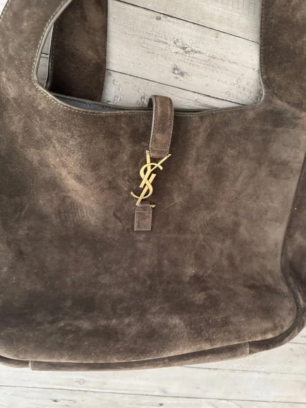 SAINT LAURENT LE 5 À 7 BEA Suede Tote Shoulder Bag Musk Brown Gold - Picture 10 of 14